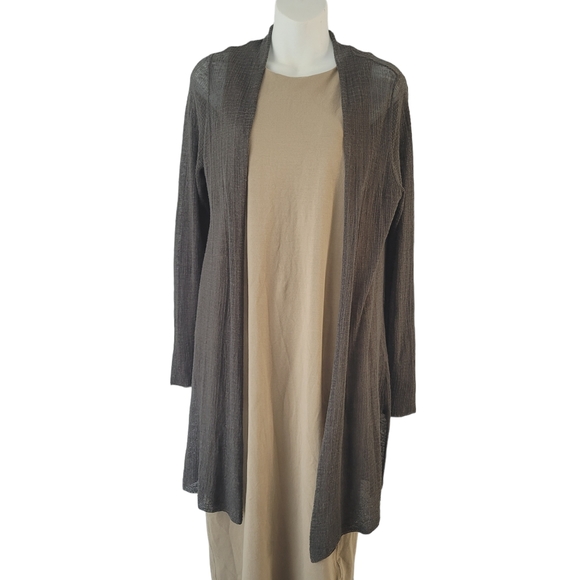 Eileen Fisher Sweaters - Eileen Fisher Dark Olive Green Hemp Blend Knit Sheer Long Cardigan Extra Small